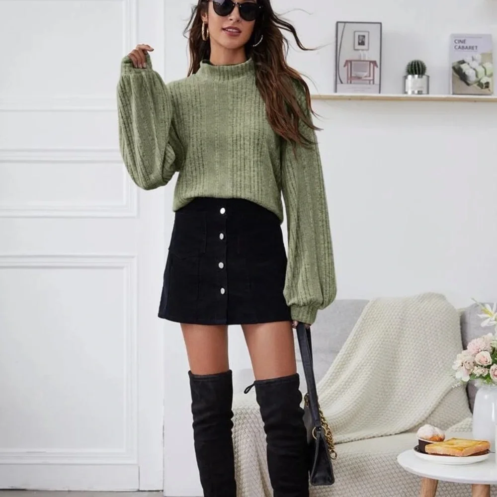 Mockneck ribbed knit lantern sleeve top burgundy red cozy - Picture 7 of 10